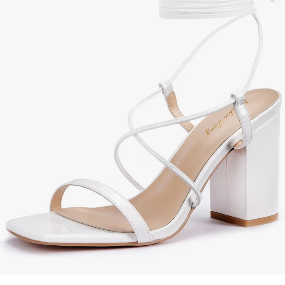 White Strappy Block Heel Sandal with Ankle Wrap - Women. Worn once.